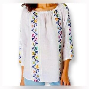 J Jill linen embroidered flowy whimsical white floral blouse size L luxury chic